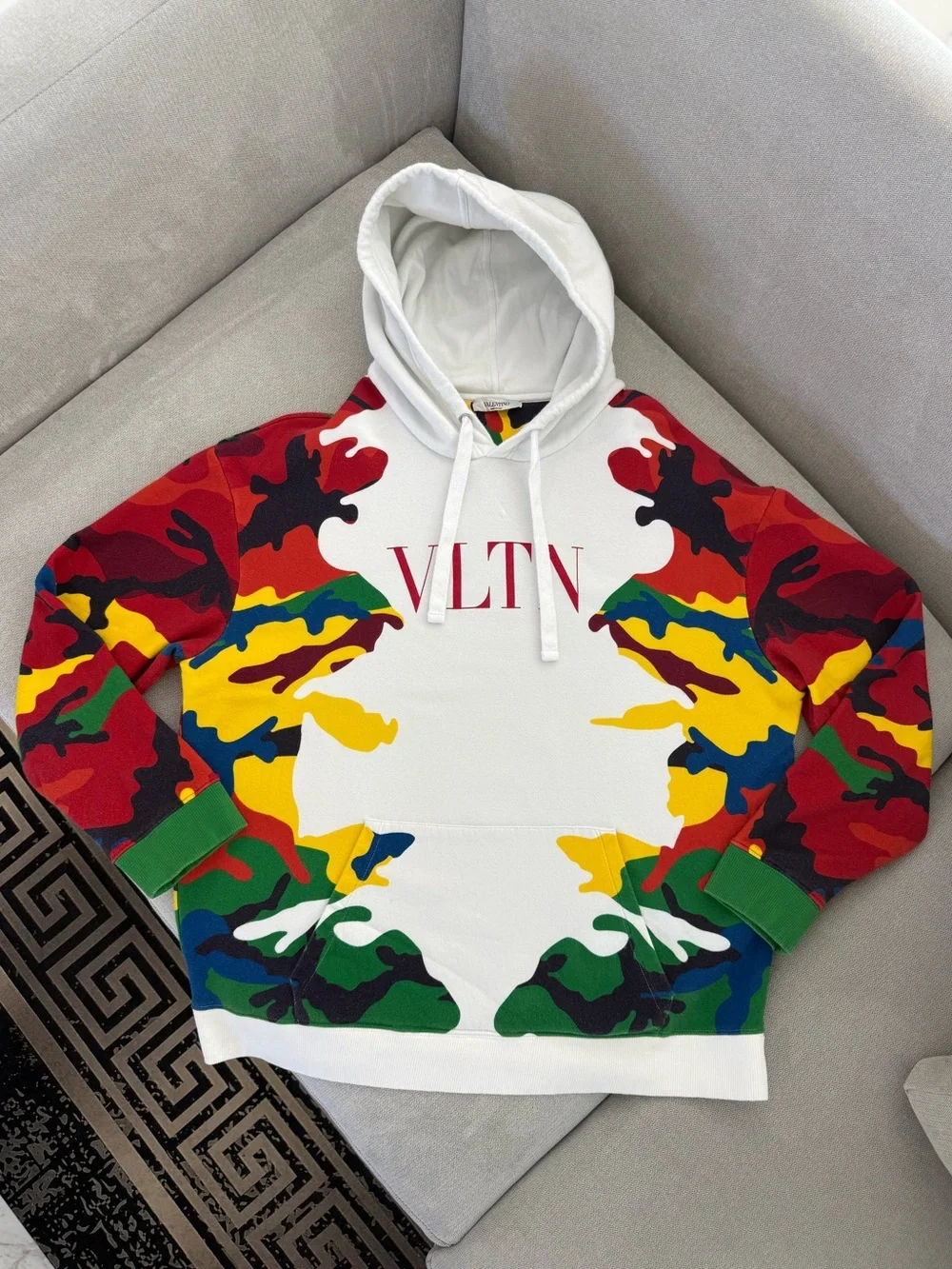 Valentino White Hooded Sweater with Red Logo and Multi-Color Camouflage